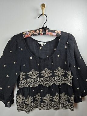 Crop Boho Country Chic Peasant Embroidered Top Size S Bell Sleeves 100% Cotton